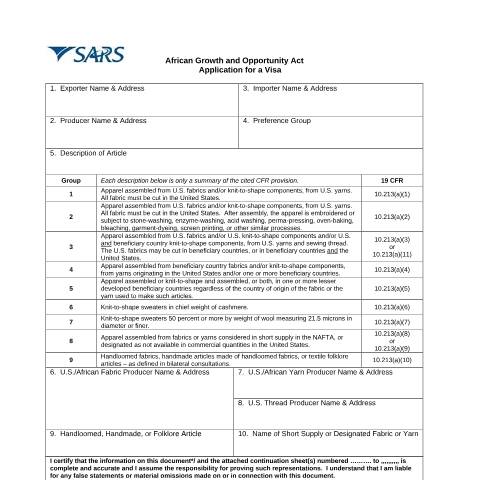 Document preview: DA 46A1 01a – AGOA Application for a Visa – External Form — PDF Forms, South Africa (CERFA n°DA 46A1 01a)