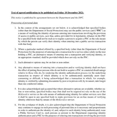Document preview: Agreement between the Department of Social Protection and the Data Protection Commission — notification of agreement — Department of Social Protection, Ireland