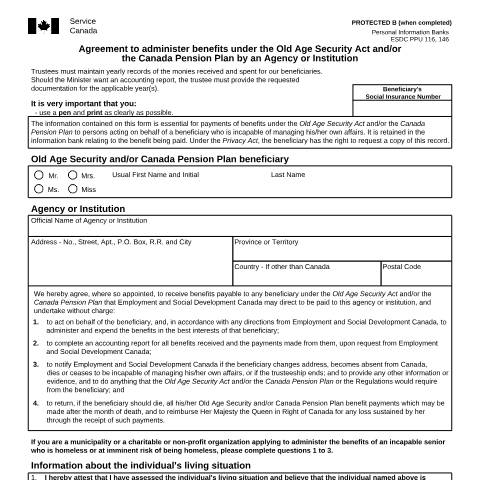 Document preview: Agreement to administer benefits under the Old Age Security Act and/or the Canada Pension Plan by an Agency or Institution — Income Security Programs, Canada (CERFA n°ISP3507CPP)