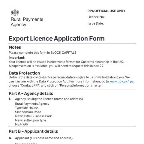 Document preview: AGREX: Export licence application form for agricultural products — Rural Payments Agency, United Kingdom