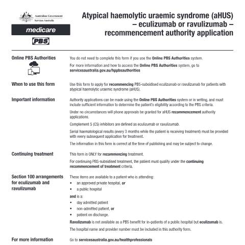 Document preview: Atypical haemolytic uraemic syndrome (aHUS) - eculizumab or ravulizumab - recommencement authority application form (PB176) — Services Australia — Health professionals, Australia (CERFA n°PB176)