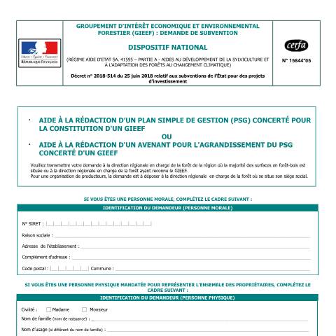 Aperçu du document Aide à la rédaction d'un plan simple de gestion (PSG) — Professionnels, France (CERFA n°15844*05)