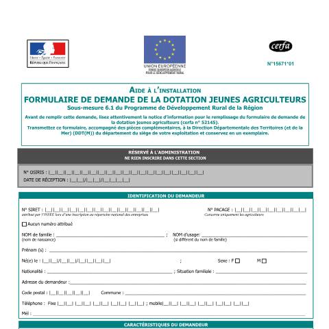 Aperçu du document Aide à l'installation - Demande de la dotation jeunes agriculteurs — Professionnels, France (CERFA n°15671*01)