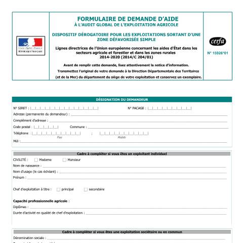 Aperçu du document Demande d'aide à l'audit global de l'exploitation agricole sortant d'une zone défavorisée simple — Professionnels, France (CERFA n°15926*01)