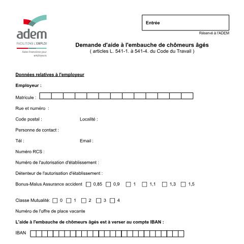 Aperçu du document Demande d’aide à l’embauche de chômeurs âgés — Aides, Luxembourg (CERFA n°cha-dem)