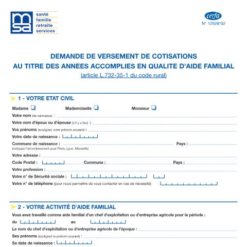 Aperçu du document Aide familial : demande de versement de cotisations — Professionnels, France (CERFA n°12528*02)