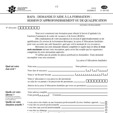 Aperçu du document Bafa : formulaire de demande d'aide financière de la Caf — Particuliers, France (CERFA n°11381*02)