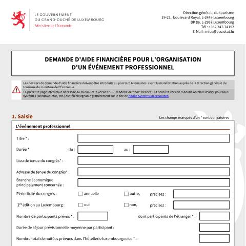 Aperçu du document Demande d’aide financière pour l’organisation d’un événement professionnel — Aides, Luxembourg (CERFA n°subvention-tourisme-congres)