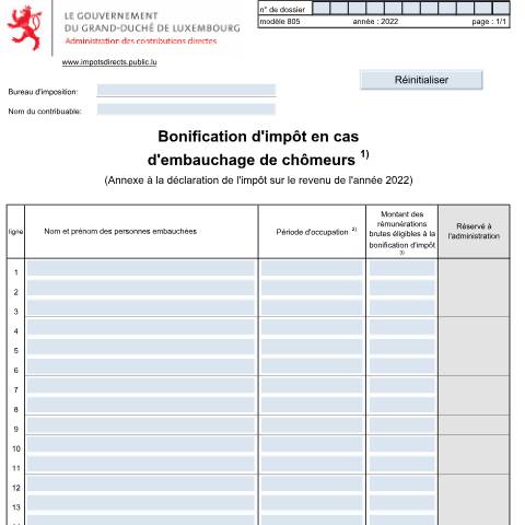 Aperçu du document Annexe: "Bonification d'impôt en cas d'embauchage de chômeurs" — Annexes et bonifications d'impôt, Luxembourg (CERFA n°805 F)