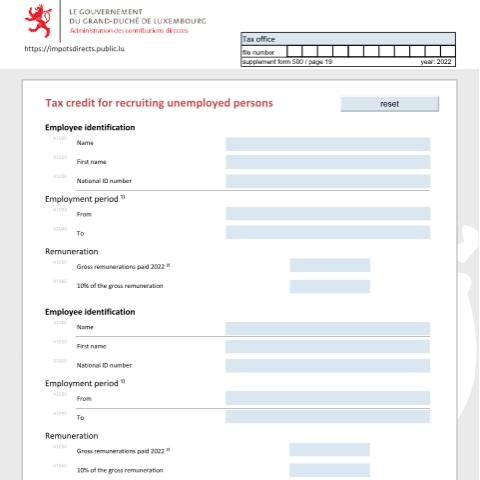 Aperçu du document Bonification d'impôt pour embauchage de chômeurs Steuergutschrift für die Einstellung von Arbeitslosen Tax credit for recruiting unemployed persons — Déclarations téléchargeables au format PDF (pour les années 2021 à 2025), Luxembourg (CERFA n°bchome)