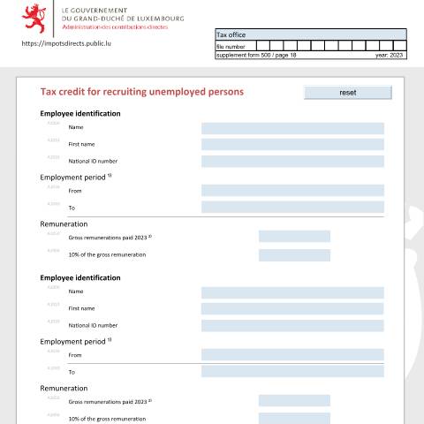 Aperçu du document Bonification d'impôt pour embauchage de chômeurs Steuergutschrift für die Einstellung von Arbeitslosen Tax credit for recruiting unemployed persons — Déclarations téléchargeables au format PDF (pour les années 2021 à 2025), Luxembourg (CERFA n°bchome)