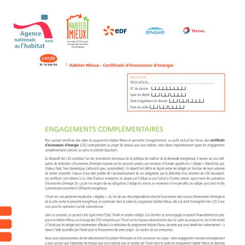 Aperçu du document Aide Habiter mieux : signature d'engagements complémentaires (Anah) — Particuliers, France (CERFA n°14566*04)