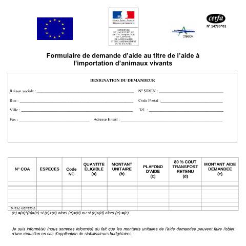 Aperçu du document Demande d'aide à l'importation d'animaux vivants — Particuliers, France (CERFA n°14730*01)