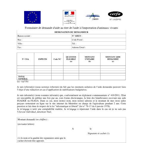 Aperçu du document Demande d'aide au titre de l'aide à l'importation d'animaux vivants — Professionnels, France (CERFA n°14920*01)