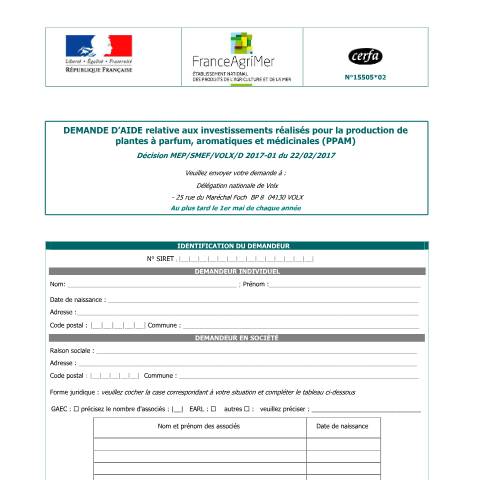 Aperçu du document Demande d'aide relative aux investissements réalisés pour la transformation de plantes à parfum, aromatiques et médicinales (PPAM) — Professionnels, France (CERFA n°15505*02)