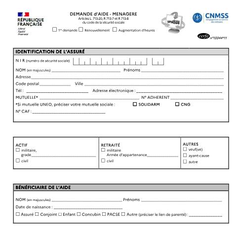 Aperçu du document Demander une aide ménagère à domicile à la caisse nationale militaire de sécurité sociale (CNMSS) — Particuliers, France (CERFA n°13344*11)