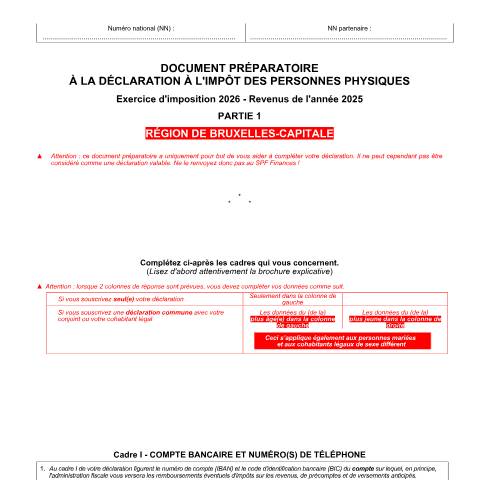 Aperçu du document Document préparatoire - partie 1 - Région de Bruxelles-Capitale — Document préparatoire (de la déclaration papier), Belgique (CERFA n°doc-preparatoire-partie-1-bxl-2026)