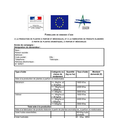 Aperçu du document Demande d'aide à la production de plantes à parfum et médicinales, de produits élaborés à partir de plantes à parfum, médicinales et aromatiques — Professionnels, France (CERFA n°14783*02)