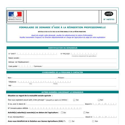 Aperçu du document Demande d'aide à la réinsertion professionnelle d'un agriculteur — Professionnels, France (CERFA n°14070*03)