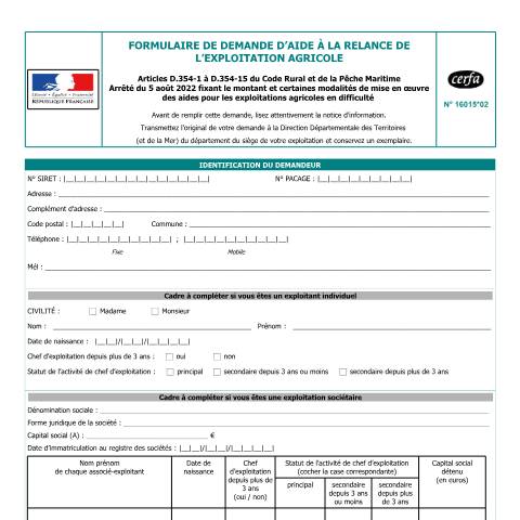 Aperçu du document Demande d'aide à la restructuration et au suivi technico-économique de l'exploitation agricole — Professionnels, France (CERFA n°16015*02)