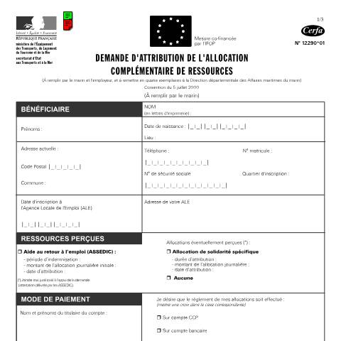 Aperçu du document Aide sociale pour les marins-pêcheurs : allocation complémentaire de ressources — Professionnels, France (CERFA n°12290*01)