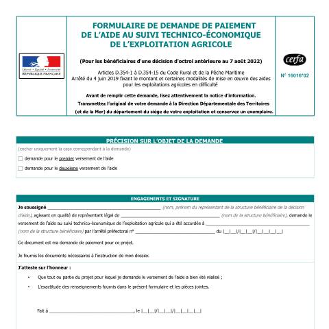 Aperçu du document Demande de paiement de l'aide au suivi technico-économique de l'exploitation agricole — Professionnels, France (CERFA n°16016*02)