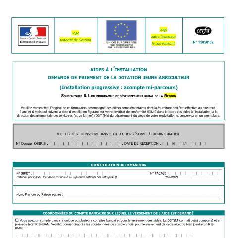 Aperçu du document Aides à l'installation / Demande de paiement de la dotation jeune agriculteur — Professionnels, France (CERFA n°15858*02)