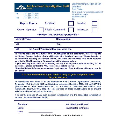 Document preview: Data Protection — air accident investigation unit report form — Department of Transport, Ireland