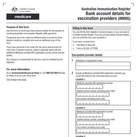 Document preview: Australian Immunisation Register (AIR) - bank account details for vaccination providers form (IM005) — Services Australia — Health professionals, Australia (CERFA n°IM005)