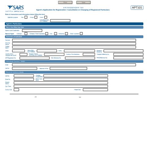 Document preview: APT101 – Air Passenger Tax – Agent’s application for registration or cancellation or changing of registered particulars – External Form — PDF Forms, South Africa (CERFA n°APT101)
