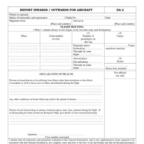 Document preview: DA 2 – Report Inwards Outwards for Aircraft – External Form — PDF Forms, South Africa (CERFA n°DA 2)