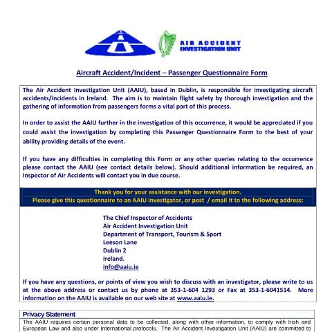 Document preview: Data Protection — aircraft accidentincident passenger questionnaire form — Department of Transport, Ireland