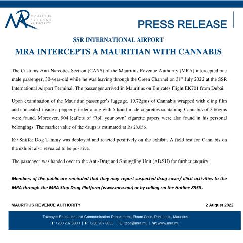 Document preview: SSR International Airport: MRA intercepts a mauritian with cannabis (02.08.22) — Document, Mauritius (CERFA n°PressRelease020822)