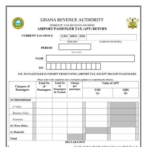 Document preview: Airport Passenger Tax Return Form — tax, Ghana (CERFA n°DT-0115)