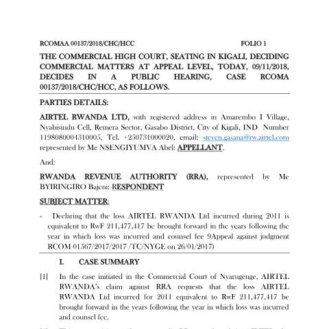 Document preview: rcomaa 00137 appeal airtel rwanda — Document, Rwanda (CERFA n°rcomaa_00137__appeal_airtel_rwanda)