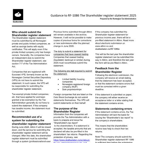 Document preview: Aksjonærregisteroppgaven — Skatteetaten / Forms, Norge (CERFA n°RF-1086)
