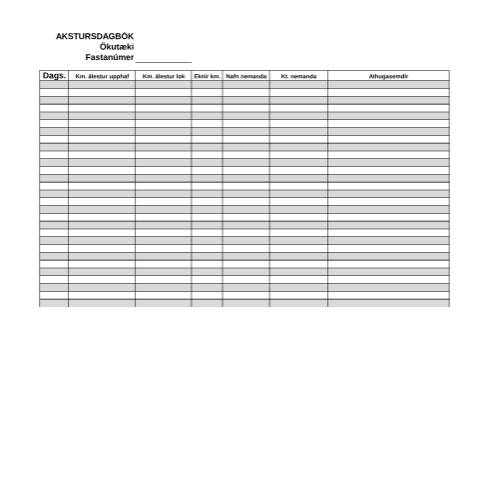 Document preview: Akstursdagbók ökukennara — Tollamál, Ísland