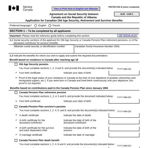 Document preview: Albania/Canada Agreement - Application for Canadian Old Age Security, Retirement and Survivor Benefits — Income Security Programs, Canada (CERFA n°ISP5054-ALB)