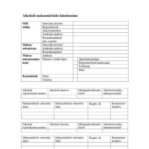 Document preview: Alkoholi maksumärkide kinnitamise vorm — maksud-ja-tasumine, Eesti (CERFA n°MAKSUMARKIDE KINNITAMISE VORM)