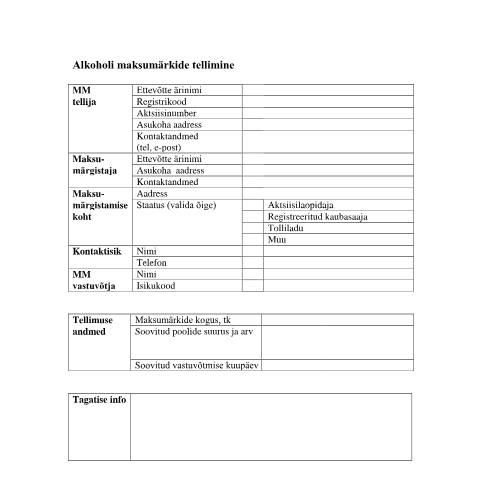 Document preview: Alkoholi maksumärkide tellimise vorm — maksud-ja-tasumine, Eesti (CERFA n°MAKSUMARKIDE TELLIMISE VORM)