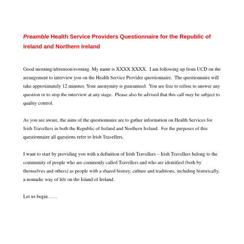 Document preview: All-Ireland Traveller Health Study — preamble health service providers questionnaire for ireland and northern ireland — Department of Health, Ireland