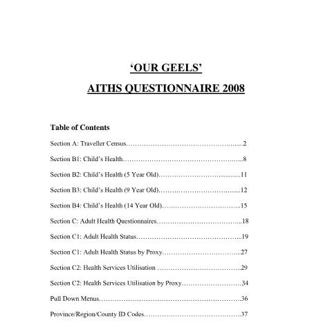 Document preview: All-Ireland Traveller Health Study — ourgeels aiths questionnaire 2008 — Department of Health, Ireland