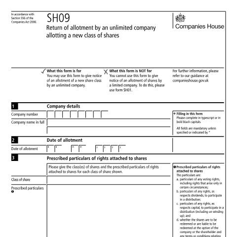 Document preview: Allotting a new class of shares by an unlimited company (SH09) — Companies House, United Kingdom