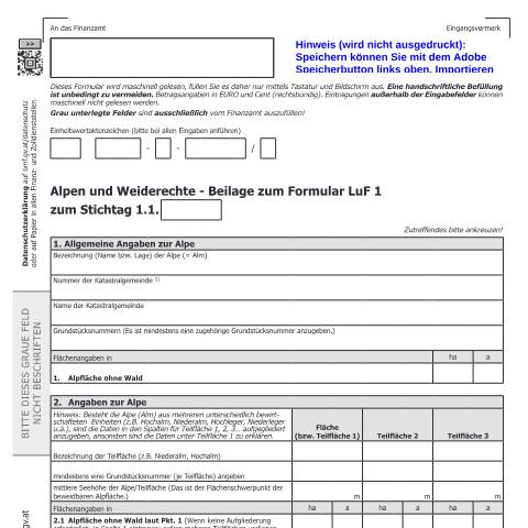 Dokumentvorschau: LuF1-A — Alpen und Weiderechte - Beilage zum Formular LuF 1 — Steuern, Österreich (CERFA n°LuF1-A)