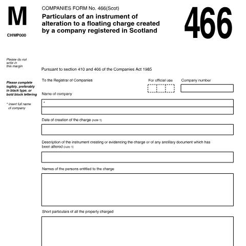 Document preview: Register particulars of an instrument: alteration to floating charge created by company registered in Scotland (466) — Companies House, United Kingdom