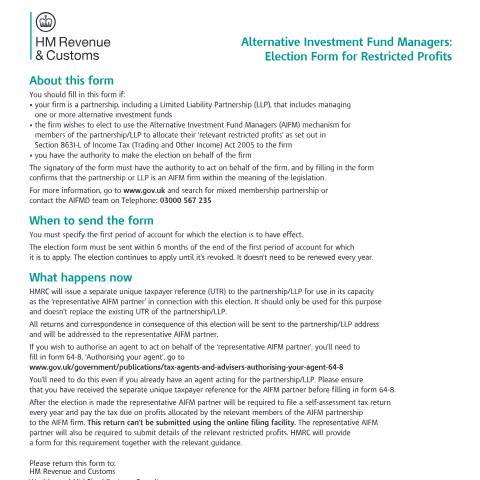 Document preview: Alternative Investment Fund Managers: Election Form for Restricted Profits (HNWU12) — HM Revenue & Customs, United Kingdom
