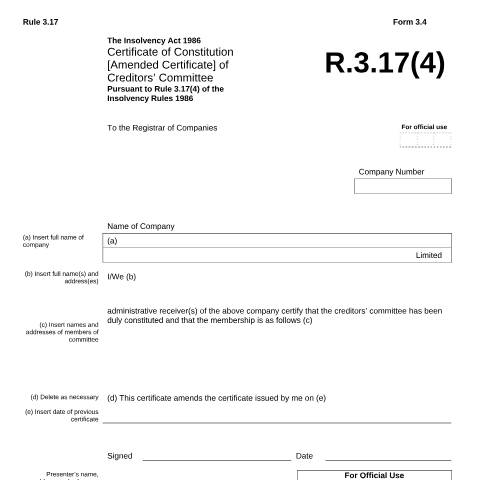 Document preview: Amend certificate of constitution of creditors' committee (3.4) — Companies House, United Kingdom
