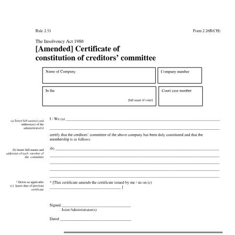 Document preview: Amend certificate of constitution of creditors' committee (2.26B(CH) — Companies House, United Kingdom