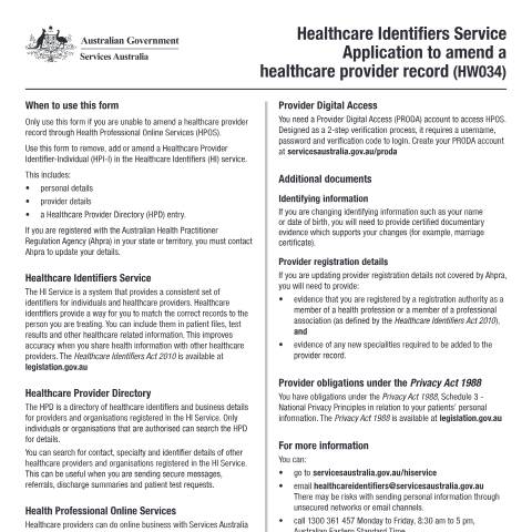 Document preview: HI Service - application to amend a healthcare provider record form (HW034) — Services Australia — Health professionals, Australia (CERFA n°HW034)