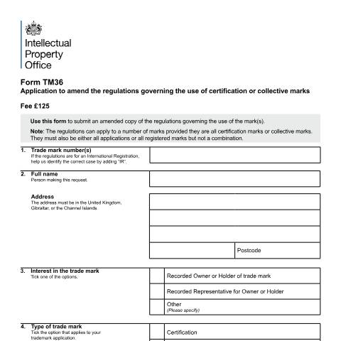 Document preview: Application to amend the regulations governing the use of marks — Intellectual Property Office, United Kingdom